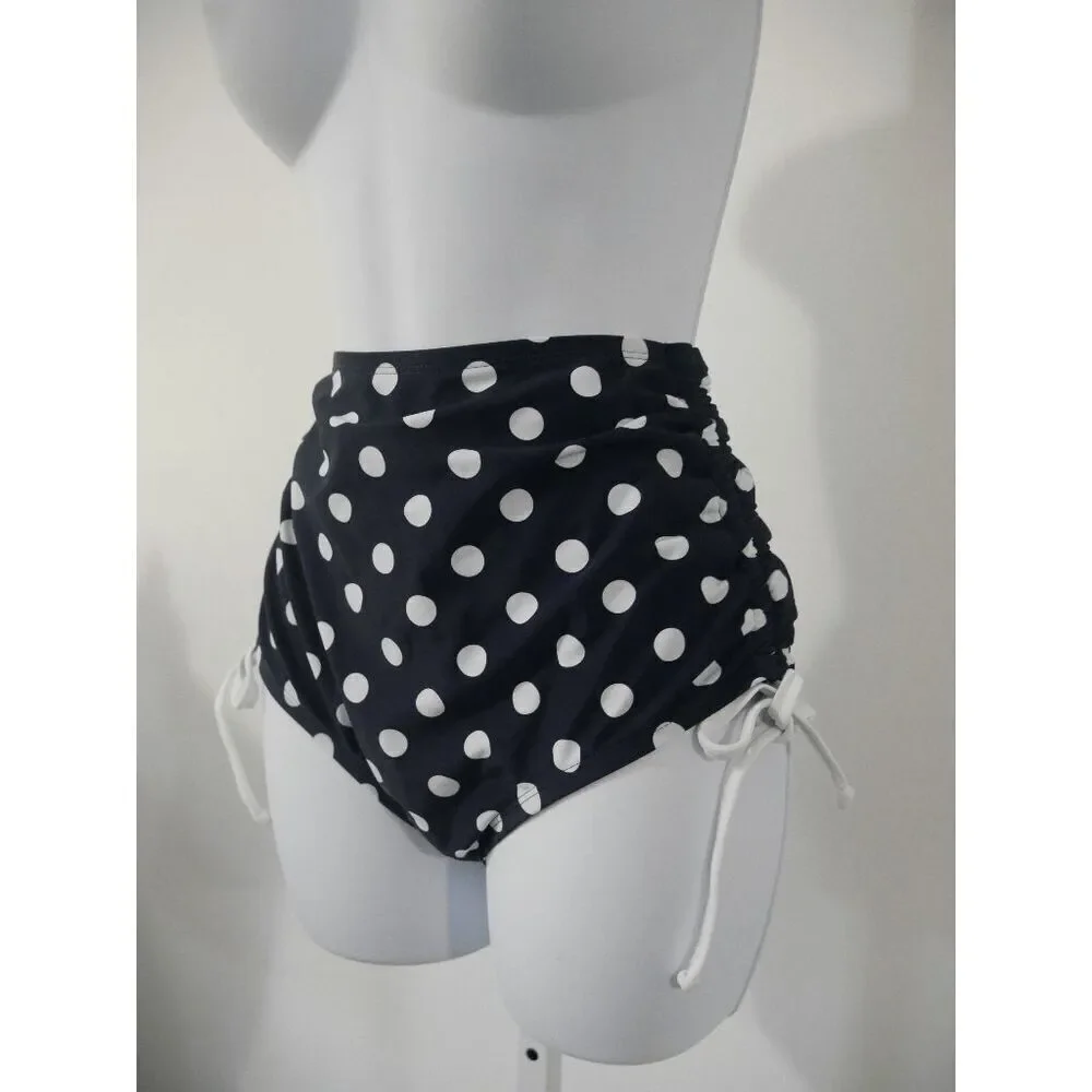 Unique Vintage Navy & White Polka Dot High-Waisted Side Ties Swim Bottoms – S